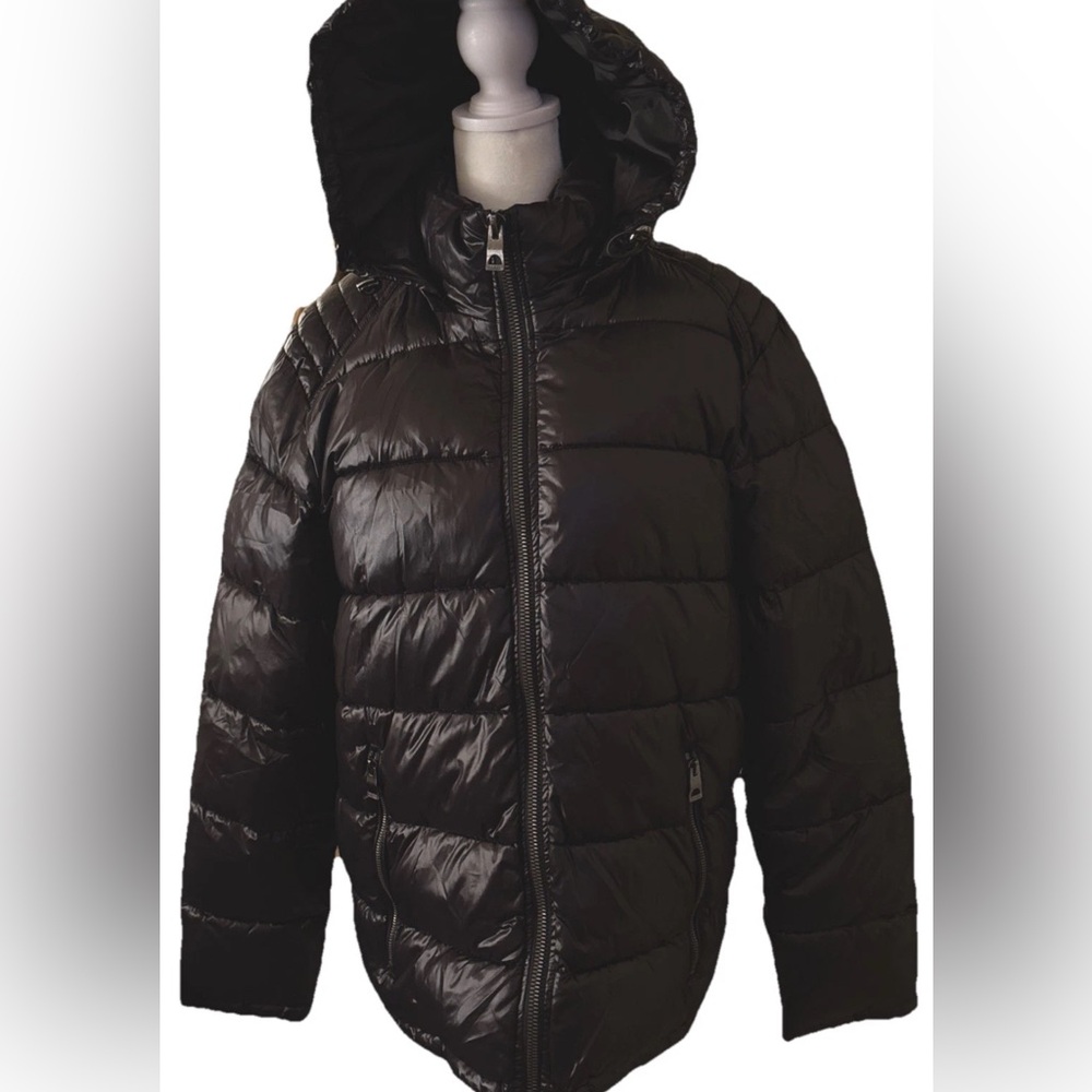 Guess Puffer Coat Black removable hood Full zip Y2K St wear zip pocket  Men’s M